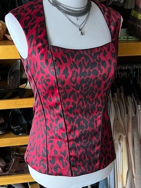 WHBM Red and Black Leopard-Print Square-Neck Top-size 4